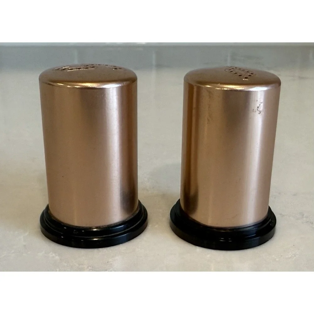 Mid-Century 1960s Salt Pepper Shakers Copper Black Bottom Stylized Initials Font